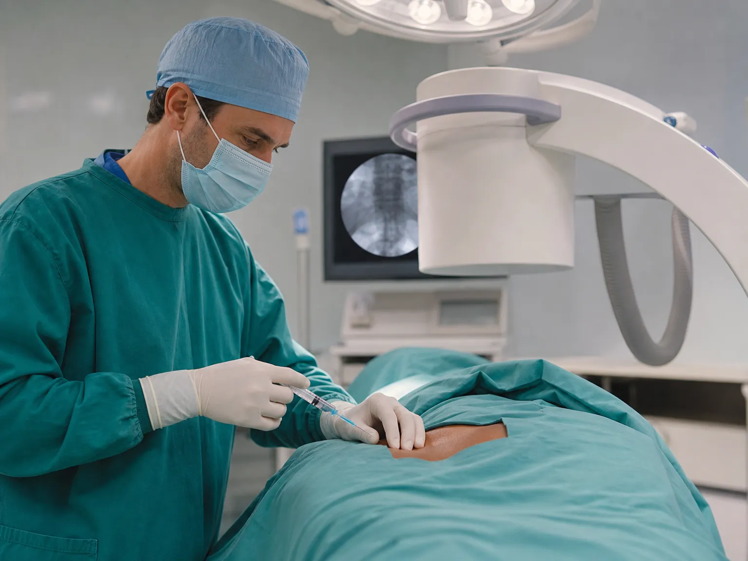Pain physician in gloves performing spinal injection with fluoroscopic guidance