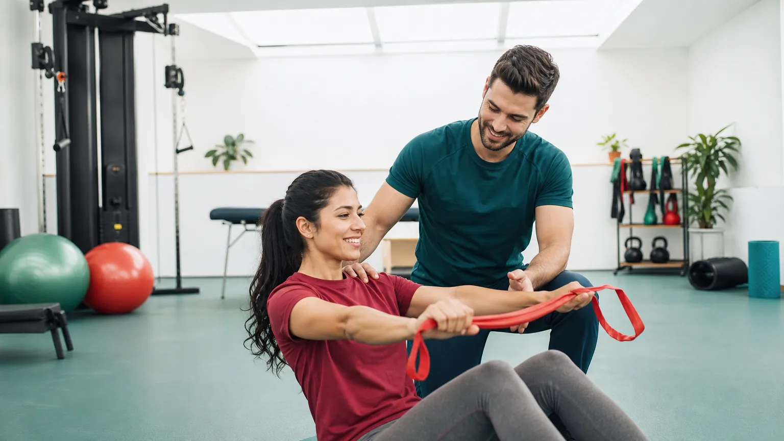 Physical therapist guiding a patient through a resistance band exercise in a bright rehab gym